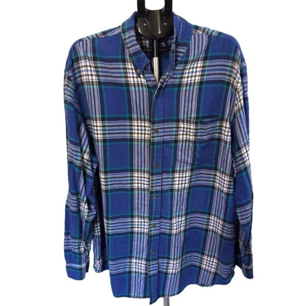 Chaps Performance Blue Green Plaid Button Front Shirt Size 2XLT 2XL Tall